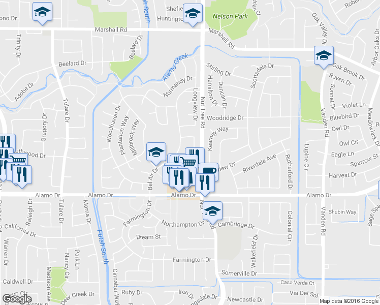 map of restaurants, bars, coffee shops, grocery stores, and more near 131 Woodbury Circle in Vacaville