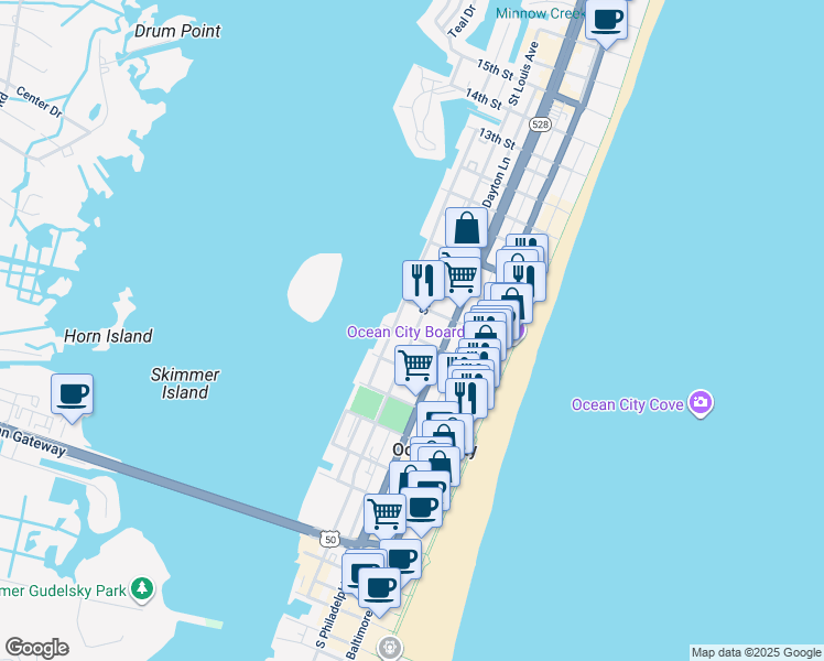 map of restaurants, bars, coffee shops, grocery stores, and more near 605 Saint Louis Avenue in Ocean City