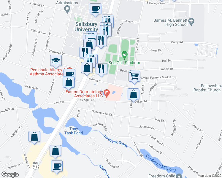 map of restaurants, bars, coffee shops, grocery stores, and more near 204-266 Milford St in Salisbury