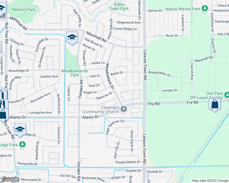 map of restaurants, bars, coffee shops, grocery stores, and more near Meadowlark Dr & Sparrow St in Vacaville