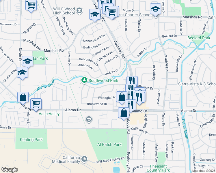 map of restaurants, bars, coffee shops, grocery stores, and more near 1883 Southwood Drive in Vacaville