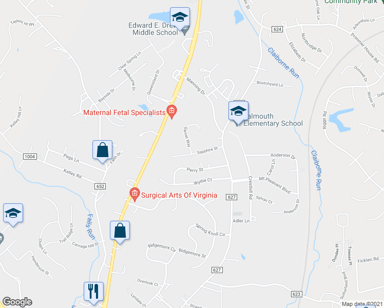 map of restaurants, bars, coffee shops, grocery stores, and more near 46 Sapphire Street in Fredericksburg