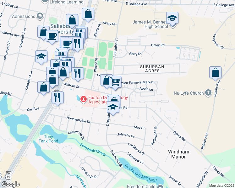 map of restaurants, bars, coffee shops, grocery stores, and more near 1305 South Division Street in Salisbury