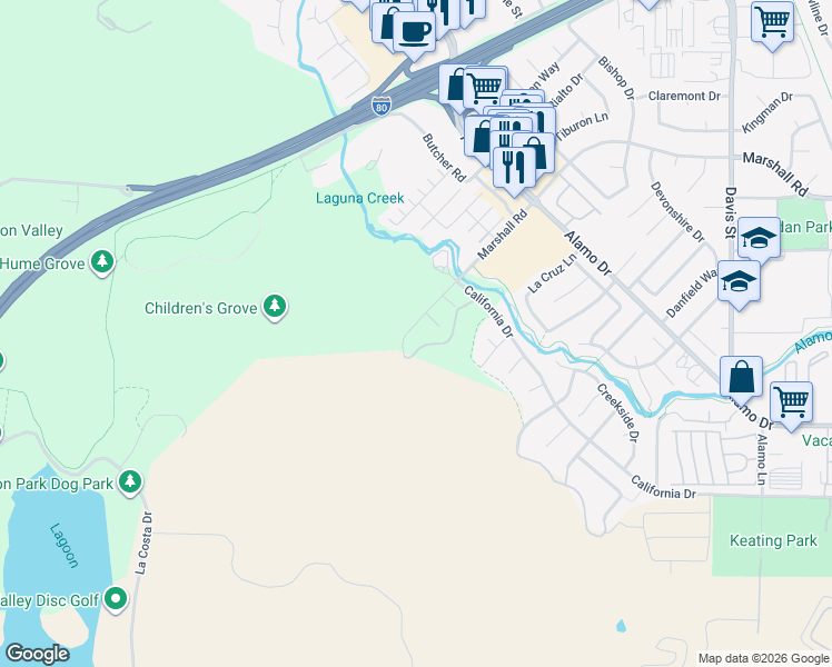 map of restaurants, bars, coffee shops, grocery stores, and more near 319 Marshall Road in Vacaville