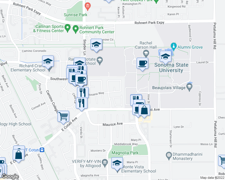 map of restaurants, bars, coffee shops, grocery stores, and more near 7301 Reba's Way in Rohnert Park