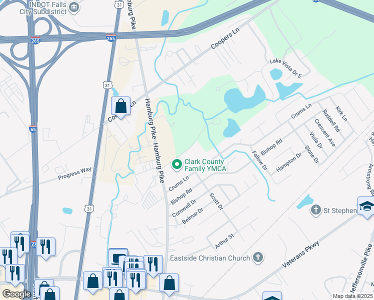 map of restaurants, bars, coffee shops, grocery stores, and more near Rock Lake Road in Jeffersonville