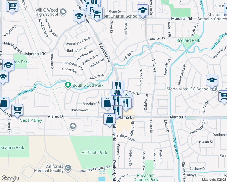 map of restaurants, bars, coffee shops, grocery stores, and more near 1958 Southwood Drive in Vacaville