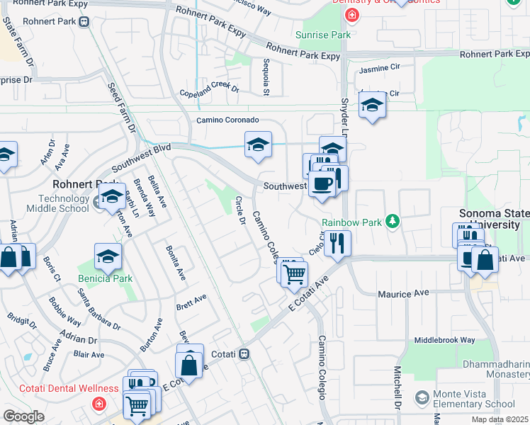 map of restaurants, bars, coffee shops, grocery stores, and more near 7155 Camino Colegio in Rohnert Park