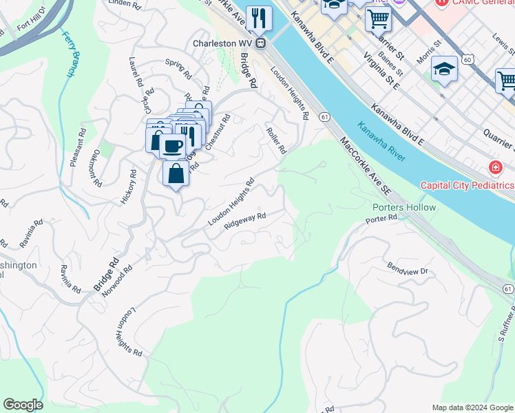 map of restaurants, bars, coffee shops, grocery stores, and more near 909 Ridgeway Road in Charleston