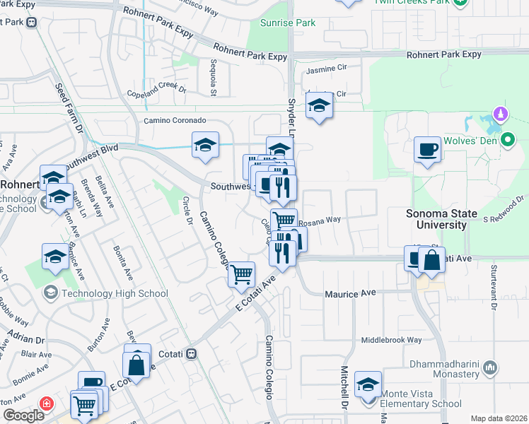 map of restaurants, bars, coffee shops, grocery stores, and more near 1451 Southwest Boulevard in Rohnert Park