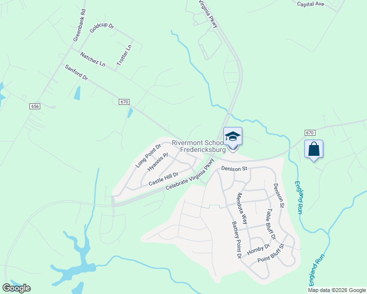 map of restaurants, bars, coffee shops, grocery stores, and more near 257 Long Point Drive in Fredericksburg