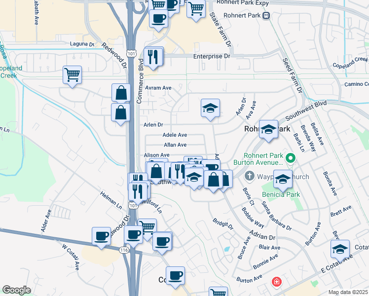 map of restaurants, bars, coffee shops, grocery stores, and more near 257 Allan Avenue in Rohnert Park