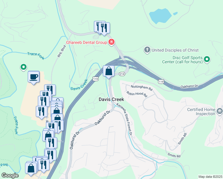 map of restaurants, bars, coffee shops, grocery stores, and more near 1617 Oakhurst Drive in Charleston
