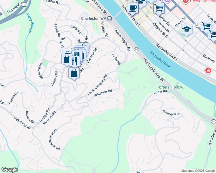 map of restaurants, bars, coffee shops, grocery stores, and more near 909 Ridgeway Road in Charleston