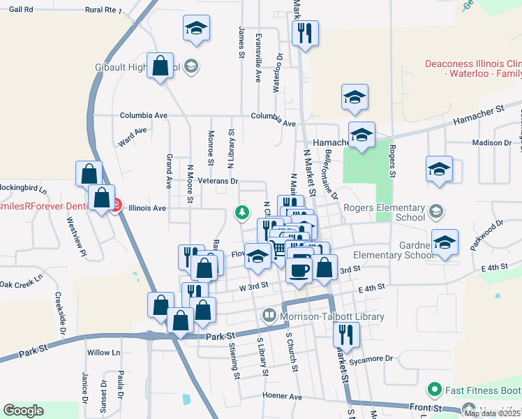 map of restaurants, bars, coffee shops, grocery stores, and more near 313 North Church Street in Waterloo