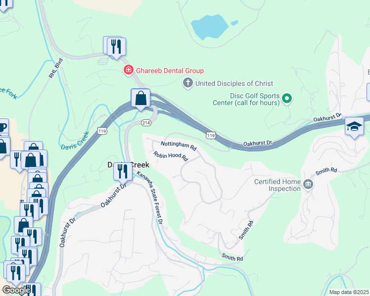 map of restaurants, bars, coffee shops, grocery stores, and more near 1410 Nottingham Road in Charleston