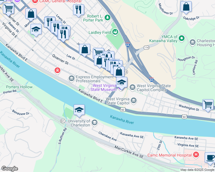 map of restaurants, bars, coffee shops, grocery stores, and more near 1621 Quarrier Street in Charleston
