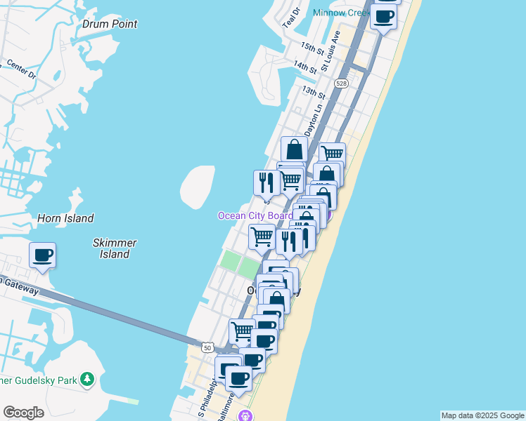 map of restaurants, bars, coffee shops, grocery stores, and more near 605 Saint Louis Avenue in Ocean City