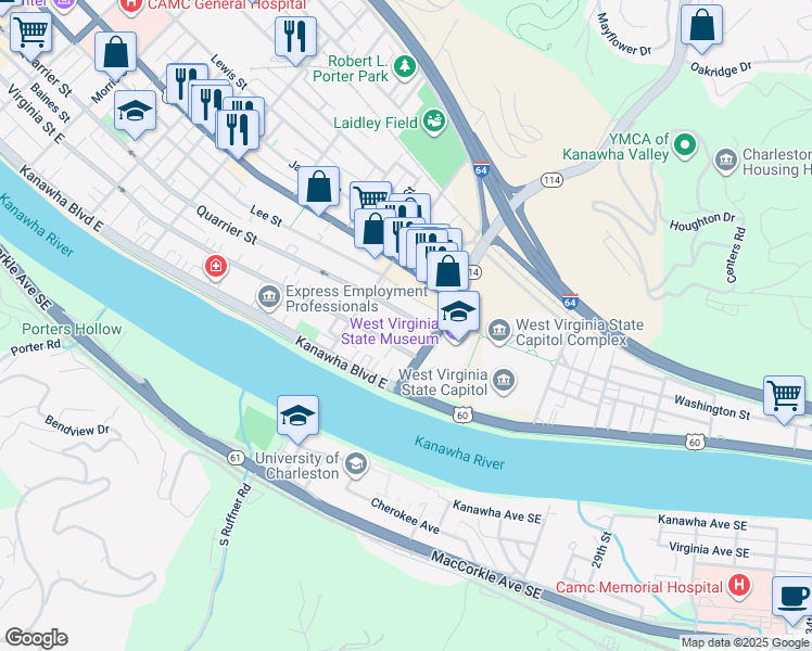 map of restaurants, bars, coffee shops, grocery stores, and more near 1621 Quarrier Street in Charleston