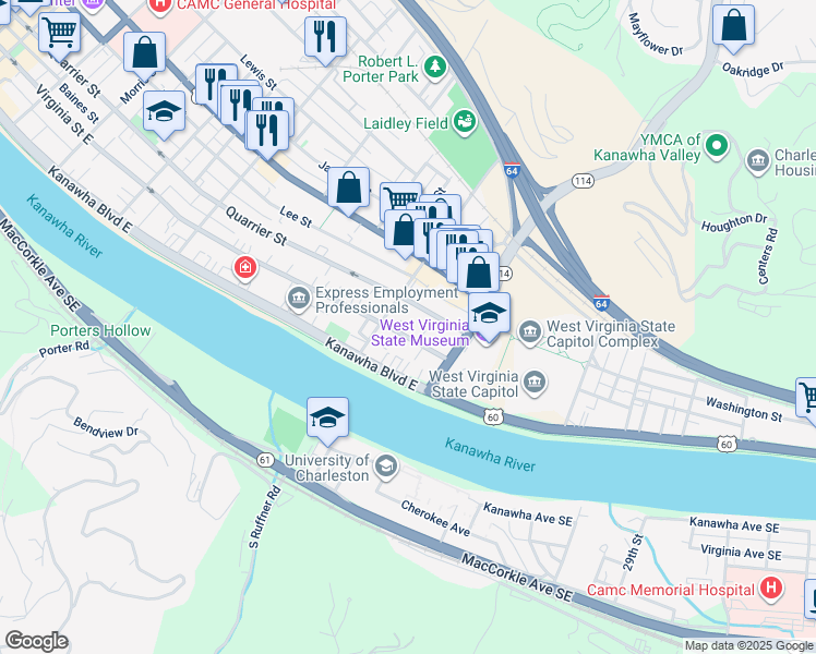 map of restaurants, bars, coffee shops, grocery stores, and more near 1621 Quarrier Street in Charleston