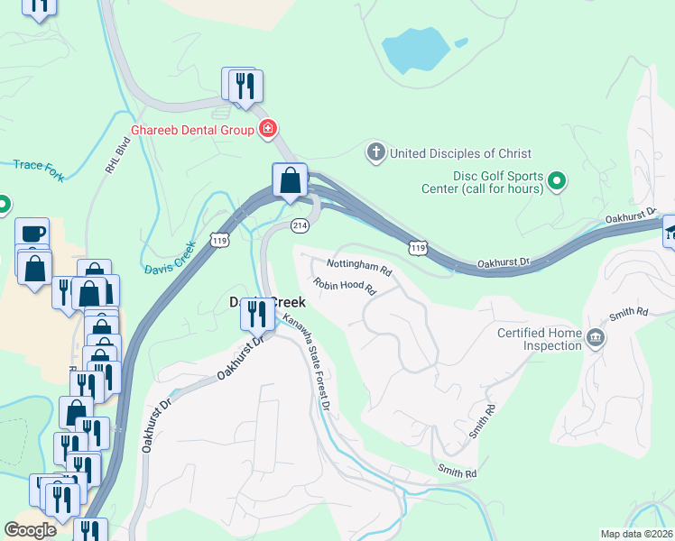 map of restaurants, bars, coffee shops, grocery stores, and more near 1420 Nottingham Road in Charleston