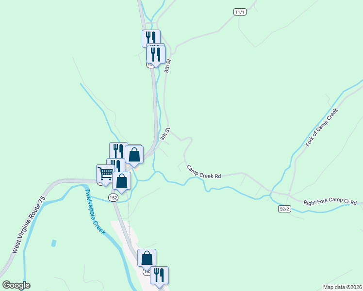 map of restaurants, bars, coffee shops, grocery stores, and more near 4433 Camp Creek Rd in Lavalette