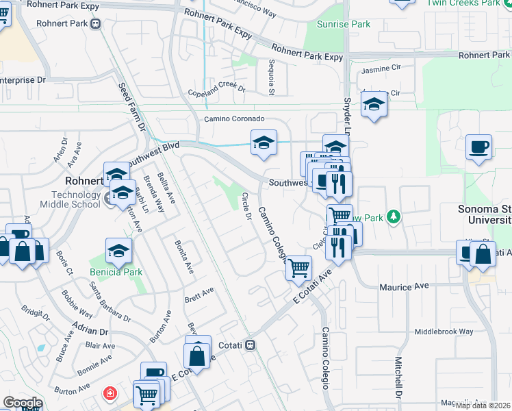 map of restaurants, bars, coffee shops, grocery stores, and more near 7180 Camino Colegio in Rohnert Park
