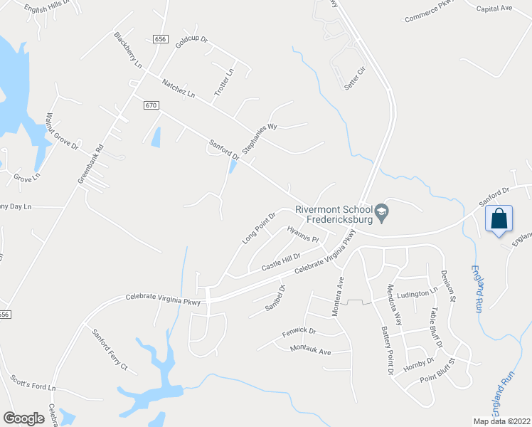 map of restaurants, bars, coffee shops, grocery stores, and more near 211 Long Point Drive in Fredericksburg
