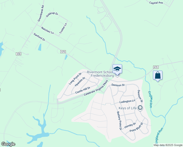 map of restaurants, bars, coffee shops, grocery stores, and more near 253 Long Point Drive in Fredericksburg