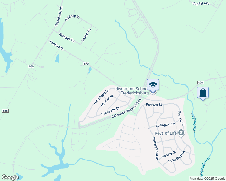 map of restaurants, bars, coffee shops, grocery stores, and more near 234 Long Point Drive in Fredericksburg