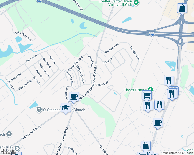 map of restaurants, bars, coffee shops, grocery stores, and more near 3623 Alannah Gardens Court in Jeffersonville