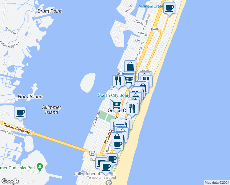 map of restaurants, bars, coffee shops, grocery stores, and more near 605 Saint Louis Avenue in Ocean City