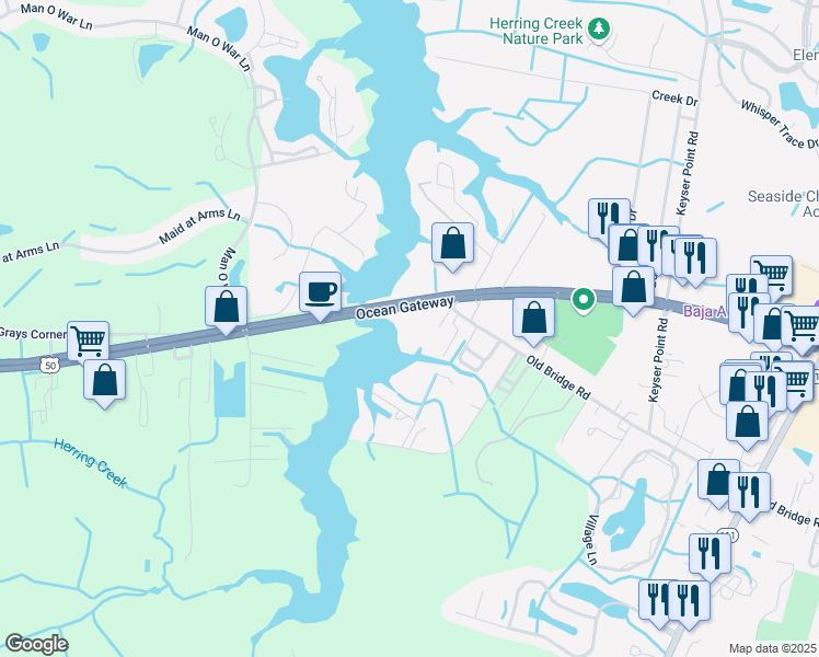 map of restaurants, bars, coffee shops, grocery stores, and more near 12308 U.S. 50 in Ocean City