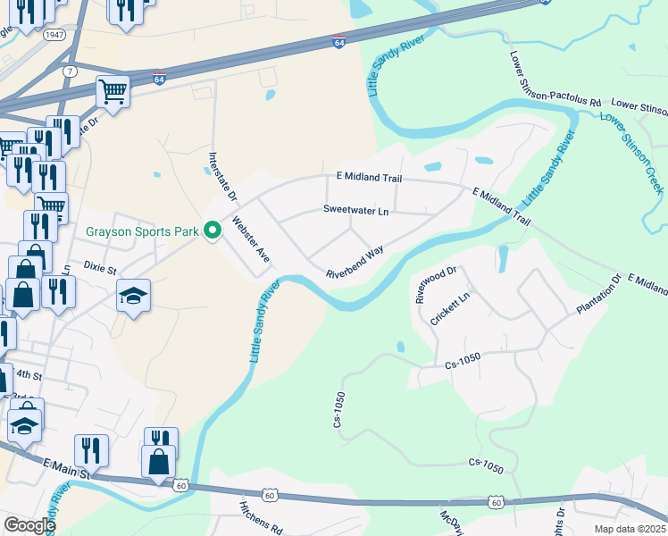 map of restaurants, bars, coffee shops, grocery stores, and more near 343-345 River Bend Way in Grayson