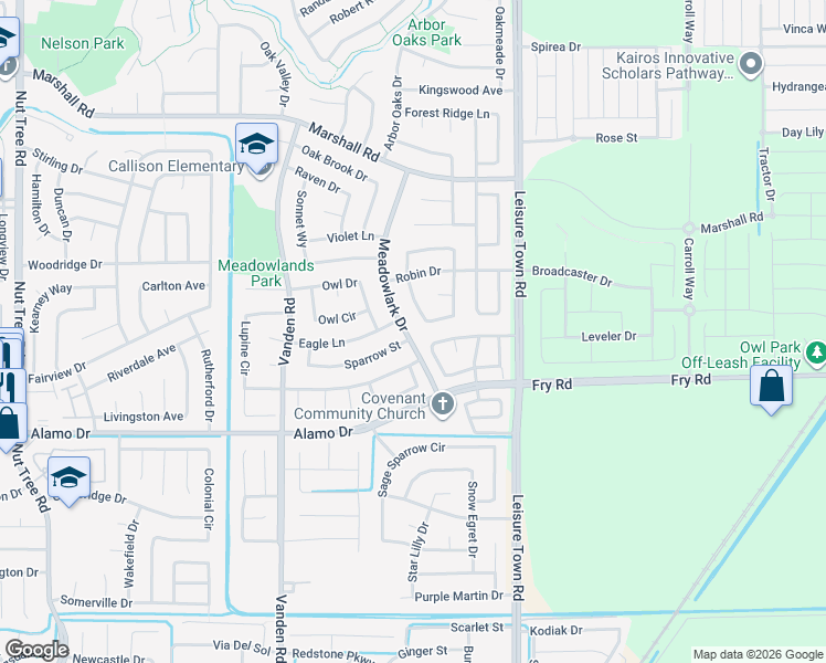map of restaurants, bars, coffee shops, grocery stores, and more near 1073 Meadowlark Drive in Vacaville