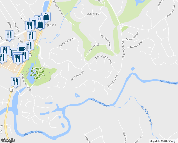 map of restaurants, bars, coffee shops, grocery stores, and more near 6105 Tidewater Court in Prospect