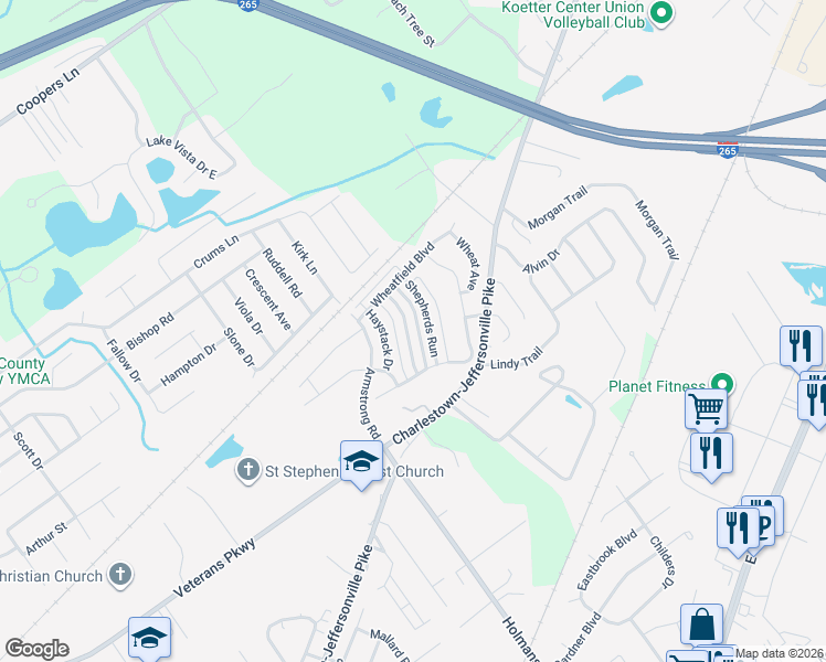 map of restaurants, bars, coffee shops, grocery stores, and more near 3922 Hay Market Drive in Jeffersonville
