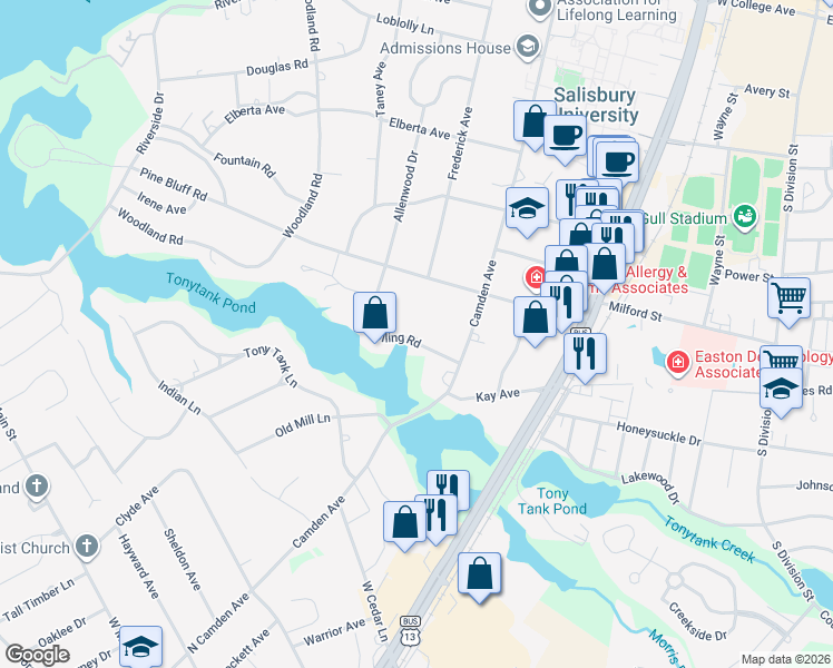 map of restaurants, bars, coffee shops, grocery stores, and more near 411 Rolling Road in Salisbury