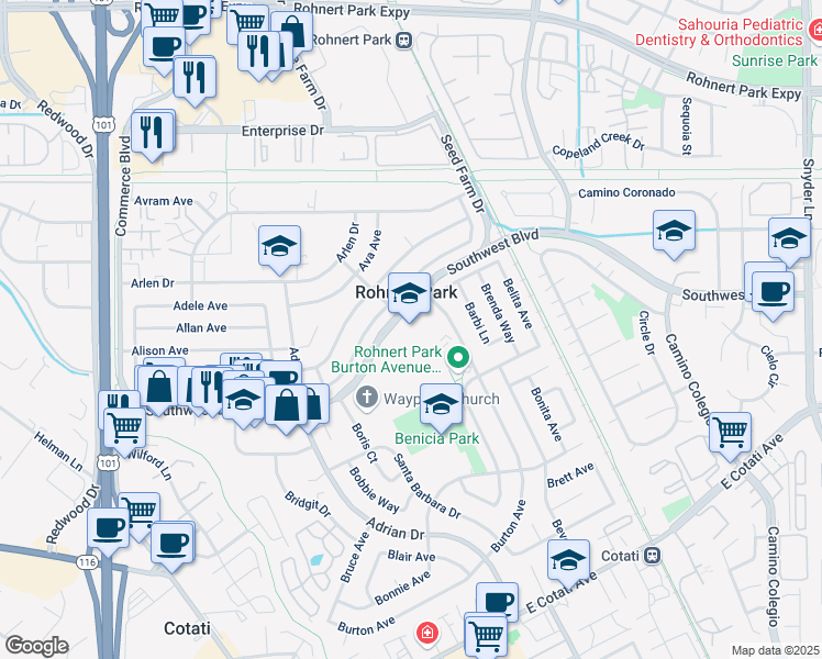 map of restaurants, bars, coffee shops, grocery stores, and more near 7165 Burton Avenue in Rohnert Park