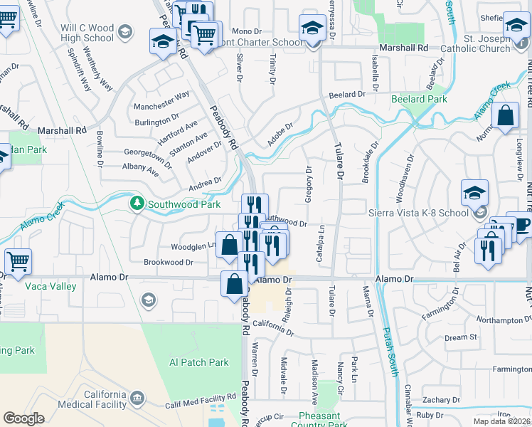 map of restaurants, bars, coffee shops, grocery stores, and more near 584 Greenwood Drive in Vacaville