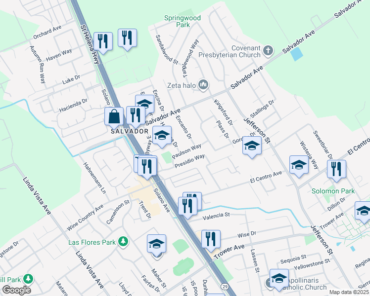 map of restaurants, bars, coffee shops, grocery stores, and more near 1616 Paulson Way in Napa