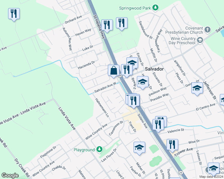 map of restaurants, bars, coffee shops, grocery stores, and more near 12 Falcon Crest Circle in Napa