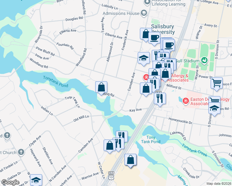 map of restaurants, bars, coffee shops, grocery stores, and more near 411 Rolling Road in Salisbury