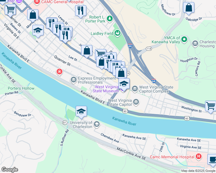 map of restaurants, bars, coffee shops, grocery stores, and more near 1621 Quarrier Street in Charleston