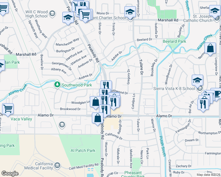 map of restaurants, bars, coffee shops, grocery stores, and more near 584 Greenwood Drive in Vacaville