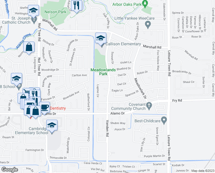 map of restaurants, bars, coffee shops, grocery stores, and more near 6099 Vanden Road in Vacaville