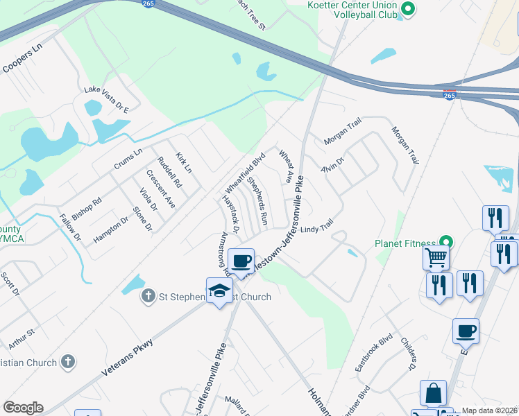 map of restaurants, bars, coffee shops, grocery stores, and more near 3922 Hay Market Drive in Jeffersonville