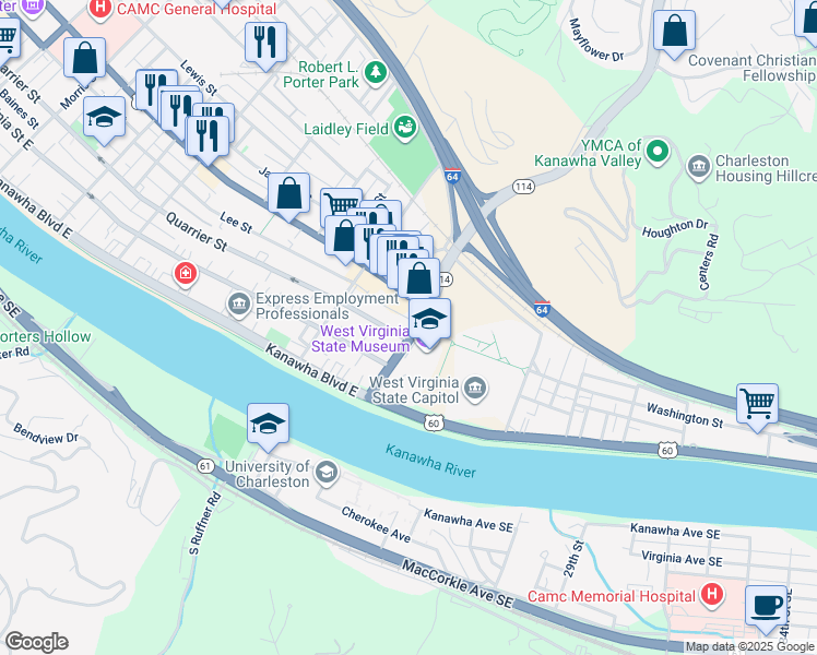 map of restaurants, bars, coffee shops, grocery stores, and more near 1698 Quarrier Street in Charleston