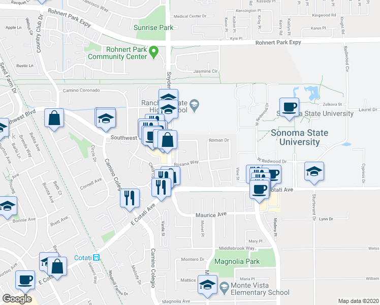 map of restaurants, bars, coffee shops, grocery stores, and more near 1320 Rosie Court in Rohnert Park