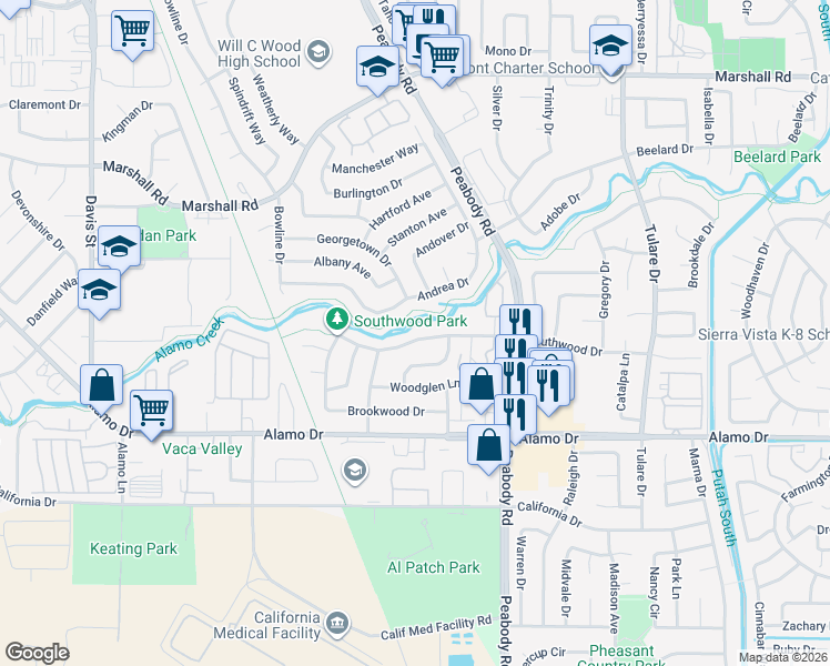 map of restaurants, bars, coffee shops, grocery stores, and more near 1883 Southwood Drive in Vacaville